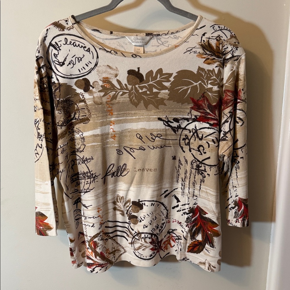Christopher & Banks Beige Printed Long Sleeve Tee with Brown and Red Leaf Motif